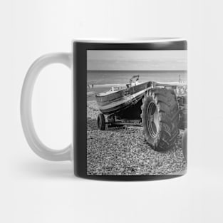 Tractor and fishing boat on Cromer beach, Norfolk Mug